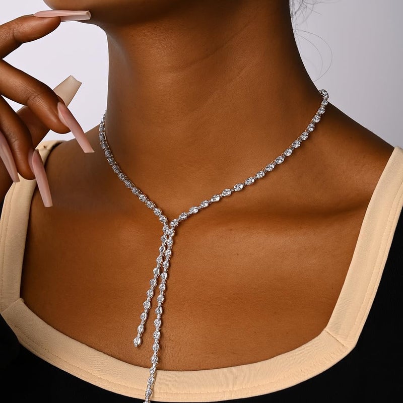 STONEFANS Long Tennis Necklaces for Women - Dainty Silver Lariat Necklace Rhinestone Y Shaped Drop Necklace Cute Choker Necklaces for Women Trendy Silver Prom Jewelry Gifts - Image 2